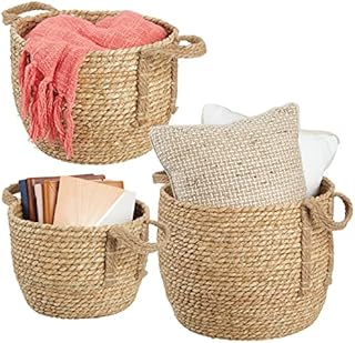 mDesign Set of 3 Seagrass Storage Baskets  Round Storage Basket Set for Bedrooms, Bathrooms and More  Wardrobe Organiser for Clothes and Accessories  Natural