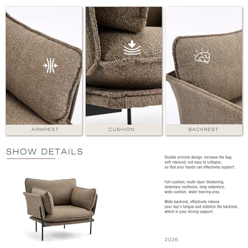 Image of Modern Boucle Accent Chair for Living Room Chairs, Oversized Upholstered Reading Chair Lounge Armchair with Sturdy Metal Legs, Comfy Single Sofa Chair for Living Room,Bedroom,Balcony (Brown)