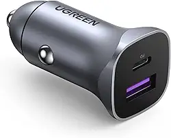 UGREEN 30W USB C Car Charger, Mini Aluminum Alloy Car Charger Fast Charge PD 3.0/QC 3.0, Fast Car Charger 2-Port Fast Charging Compatible with iPhone 13/12 Pro/Max/XR/XS, iPad Pro/Air, Galaxy S22/S21