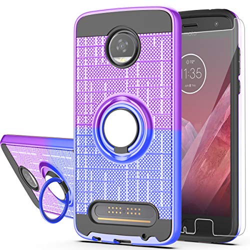 Moto Z2 Play Case,Moto Z2 Play Phone Case with HD Screen Protector,AYMECL Ring Holder Gradient Dual Layer Protective Case for Motorola Moto Z Play (2nd Gen)-BG Purple&Blue