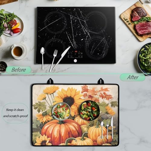 Image of Glass Ceramic Top Stove Cover Anti-Scratch Universal Induction Cooktop Protector Mat for Electric Stove with Non-Slip Rubber Backing, 29 x 21 Inch, Fall Pumpkin Sunflower Maple Leaf Print
