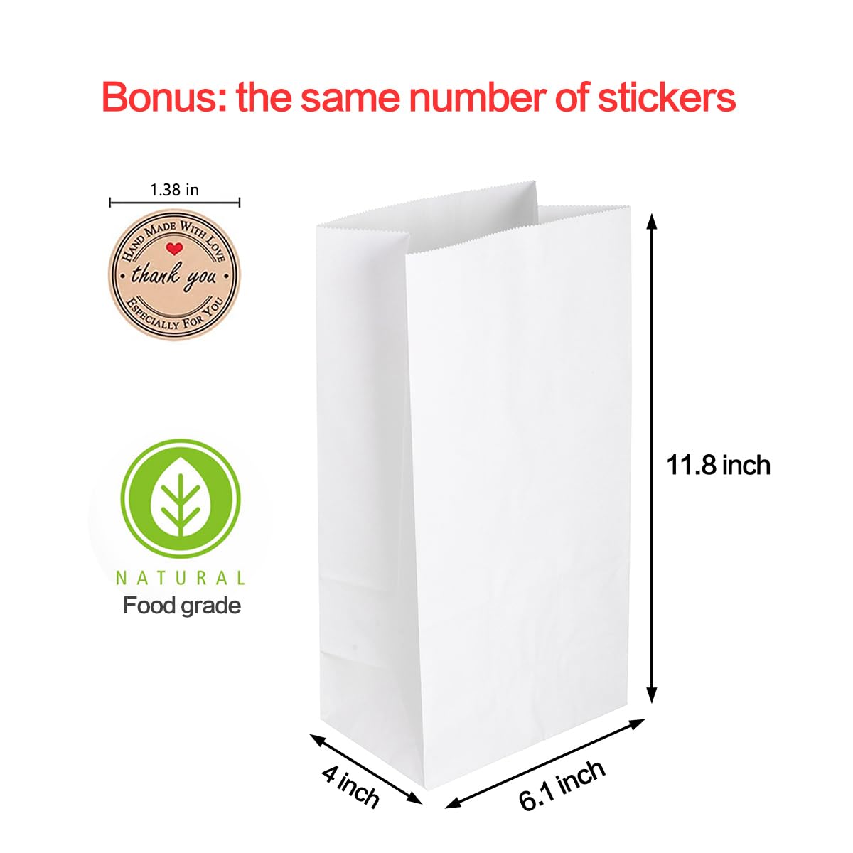 GRANDAN Bolsas de almuerzo de papel de 8 libras, 6.1 x 4 x 11.8 pulgadas, bolsas de papel kraft reciclables para almacenamiento de alimentos caseros y pequeñas empresas, calcomanías de sello de