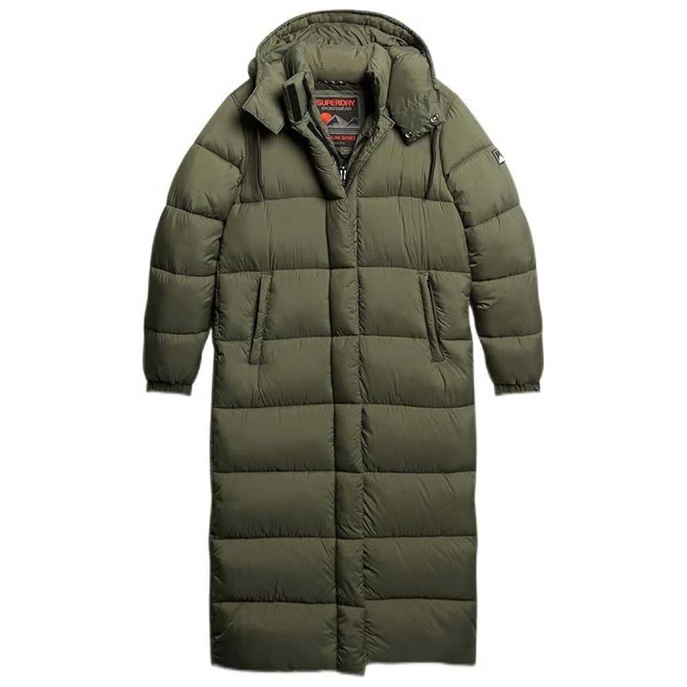 Superdry Women's Football Dark Moss Grid Ripstop Longline Puffer Jacket, Size 8