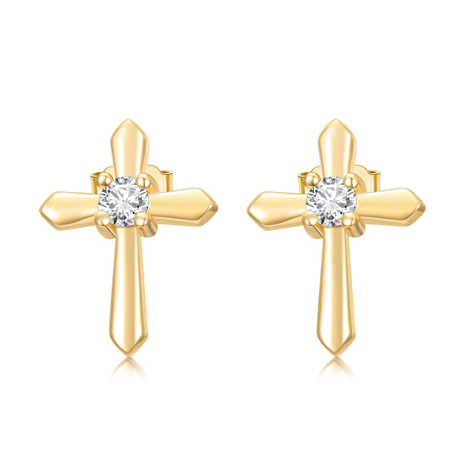 10k Gold Created Moissanite Cross Earrings for Women, Real 10 Carat Gold Religious Stud Earrings