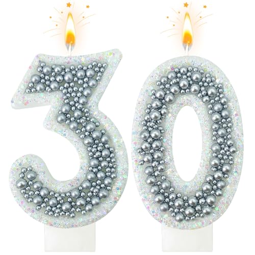 NHJINX 30 Birthday Number Candle for Cake Glitter Number Candle with Silver Beads Decorative Cake Topper for Milestone Celebrations