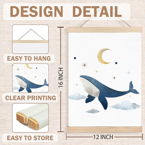 Image of PQKIY Whimsical Whale Ocean Nursery Wall Art Poster Hanger Frame 12x16 in, Fantasy Celestial Ocean Animal Wall Decor Canvas Prints for Nursery Toddler Boys Kids Room Bedroom Playroom