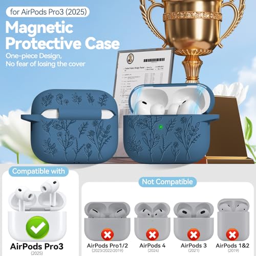 Image of for Airpods Pro 3 Case with Magnetic Lid, Flower Engraved Cases for Apple AirPods Pro 3rd Generation 2025, Soft Silicone Cover for Women Girly with Cleaner & Keychain, Shockproof