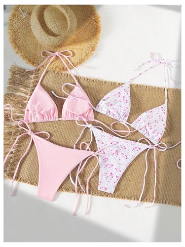 WDIRARA Women's 4 Piece Bikini Set Floral Triangle Halter String Swimsuit Tie Side Bathing Suit2