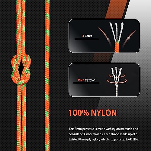 Abma Cord Paracord 425 lbs 3mm 100% Nylon 30M - Neon Orange & Neon Green, Multi Color-neon Orange & Neon Green, 30 Meters - Image 3