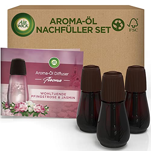 Air Wick Aroma-Öl Flakon Vorteilspack Duftöl Nachfüller Set für den Air Wick Diffuser Duft: Wohltuende Pfingstrose & Jasmin 3 x 20 ml ätherisches Öl