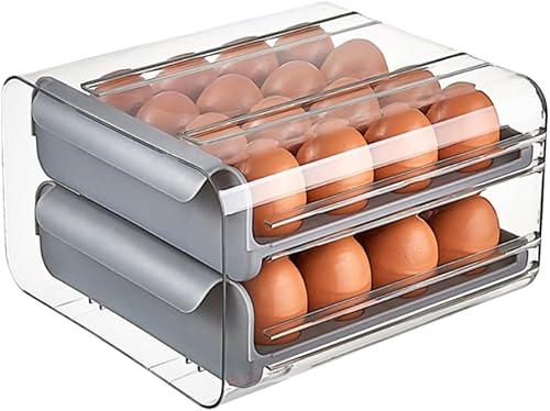 Miniatura 9 de Cajón de huevos para refrigerador 32 huevos, soporte para huevos apilable transparente de 2 niveles con cajón para refrigerador, caja de