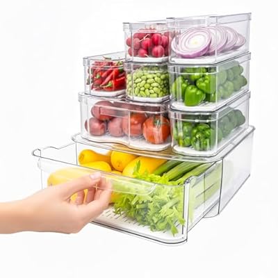SMRCAD 8 Pack Refrigerator Organizers, Clear Pull-out Drawer Container and Organizer Bins with Lids, Stackable Storage Containers for Fruits, Vegetable (Set of 8 (Include Pull Out Drawer))