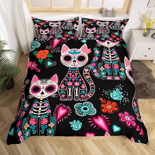 Exotic Cats Duvet Cover Single Size,Sugar Skull Halloween Animal Skeleton Bedding Set 2 Pcs for Boys Girls,Bohemian Flowers Western Tribal Comforter Cover(No Filler),Black Quilt Cover