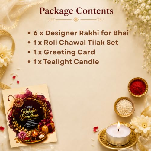Image of DIKANG Combo Pack of 6 Premium Rakhi Set for Brother and Bhabhi | Mauli Thread Rakhi with Roli Chawal Tilak Set & Greeting Card | Rakhis for Rakshabandhan with Tealight Candle (NR106)
