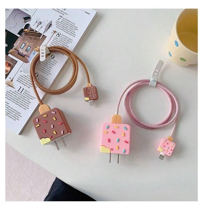 Image of Cable Protector with 3D Cute Pattern for iPhone Charger only18W & 20W | Data Line Wire Saver Charger Protective Cable Full Protection Set of-1 (Pink ICE Cream)