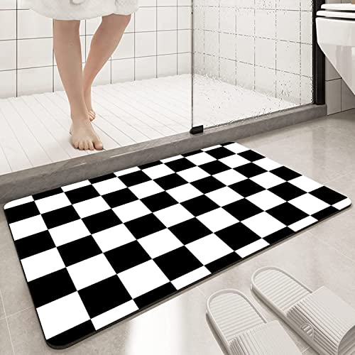 Rstick Grid Pattern Geometric Bathroom Rugs Non Slip Washable Black And White Checkered Bath Mat Small Thin Rubber Floor Mats Fit Under Door 16"X24" #TOP2