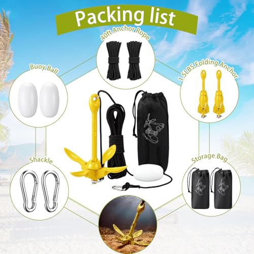 Image of Lounsweer 2 Pack 1.5 /3.5 lb Marine Kayak Anchor Kit Folding Grapnel Anchor Kit Boat Kayak Fishing Accessories for Small Boats Kayaks Canoe Paddle Boards