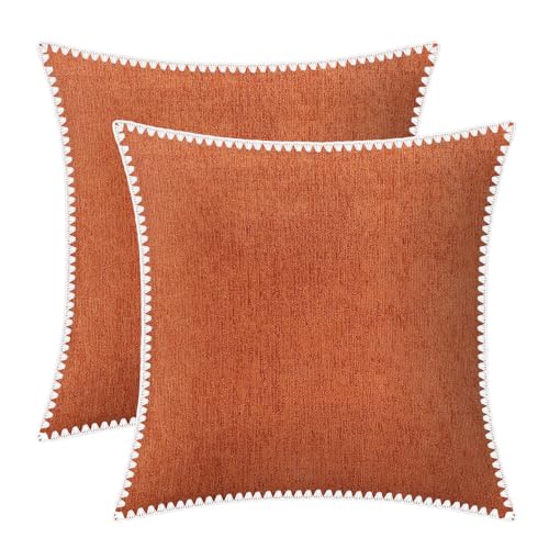 BRAWARM Chenille Throw Pillow Covers 20x20 Inches, Burnt Orange, 2 Pack