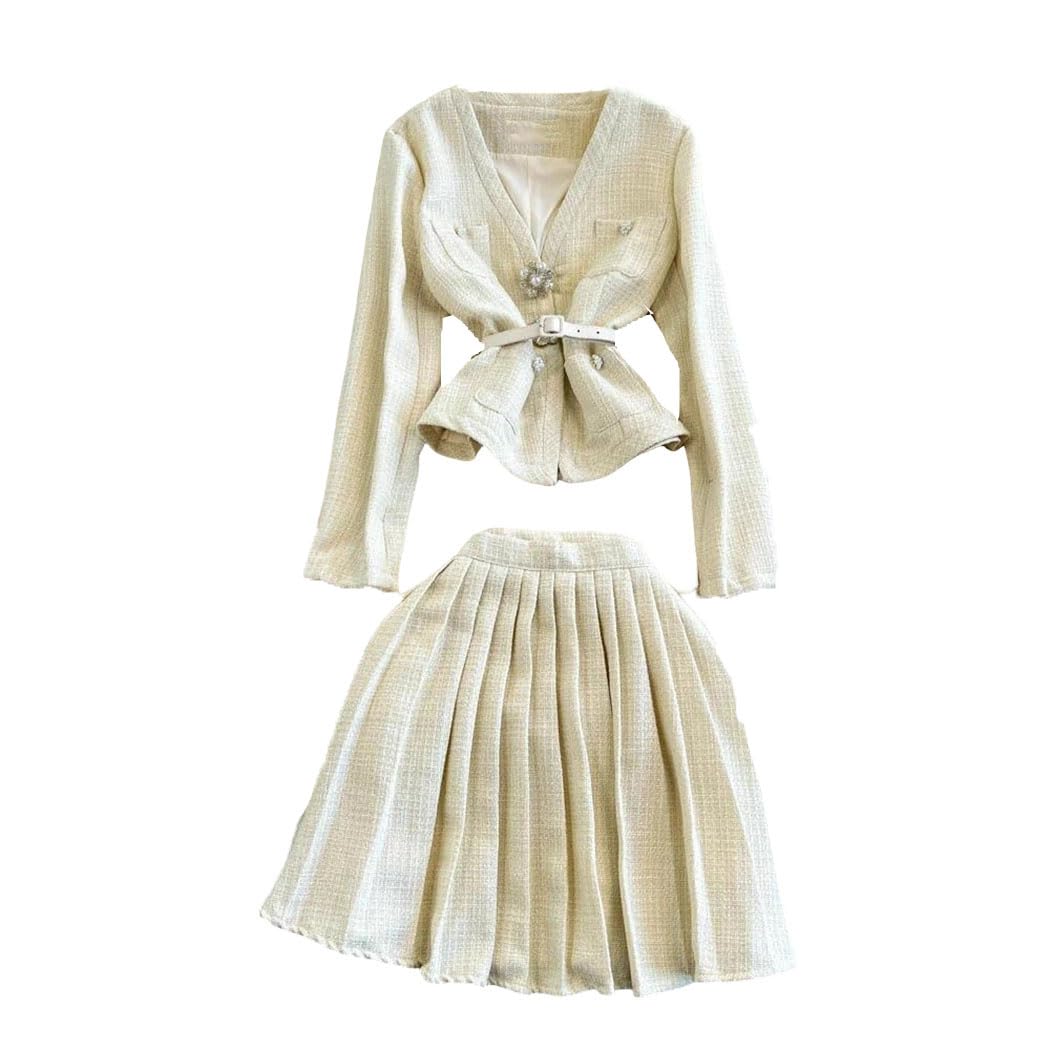 Womens Office Work Two Piece Set Beige Jacket Coat With High Waist Pleated Dress Professional Work Wear