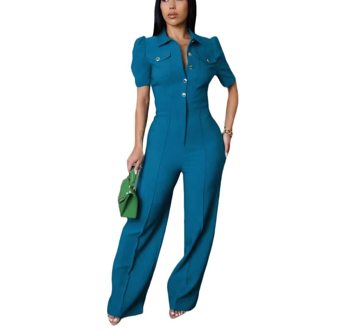YSINTL Women's fashionable, sexy, elegant, high waisted, wide leg pants, club business party button jumpsuit