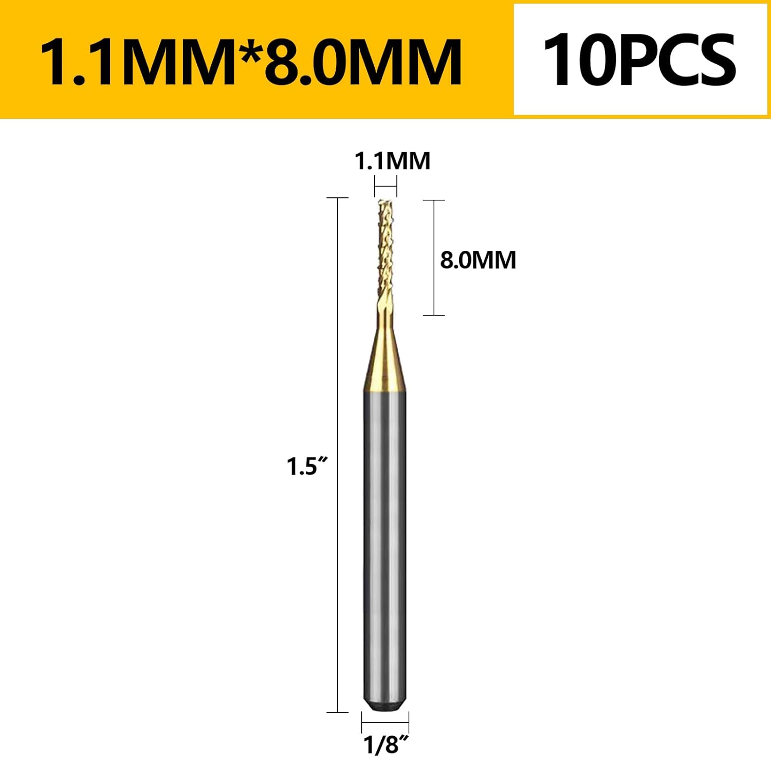 Tools 10Pcs 1.1mm TiN Coating Solid Carbide End Mill Engraving Milling Cutter CNC Router Bits for PCB Machine, 1/8" Shank 1BOX