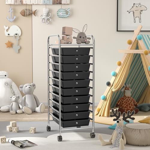 OFFICEJOY Storage Cart, Rolling Utility Cart with 10 Drawers, Portable Handles & Lockable Wheels, Mobile Paper Toys Storage Organizer Large Capacity for Home Office School Teacher (Black) - Image 9