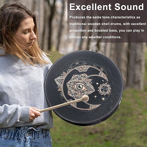 Shaman Drum 10 Inch Wood Frame Drum with Drum Stick Vegetarian Shaman Hand Drum Sound Healing Tool For Spiritual Music, Reflection(Black)