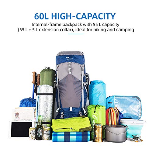 Mobihome Internal Frame Hiking Backpack 55+5L, Lightweight Camping Backpack With Water-Repellant Rain Cover For Women Men, Outdoor Traveling Backpacking Gear Blue Grey #TOP5
