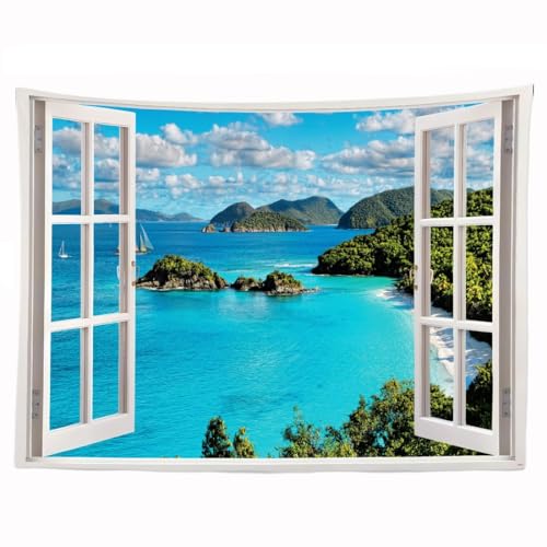 Ulticool – Ventana Transparente Mar Naturaleza Playa Montañas – Tapiz Póster – 200 x 150 cm – Póster de Jardín – Azul