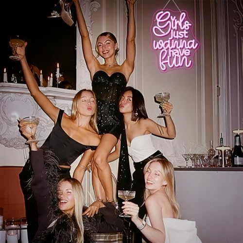 Image of Girls Just Wanna Have Fun Neon Sign 80's Party Decoration Retro Pink LED Neon Light Sleepover Party Girl Neon Signs for Wall Decor,for Bedroom Wedding Christmas Birthday