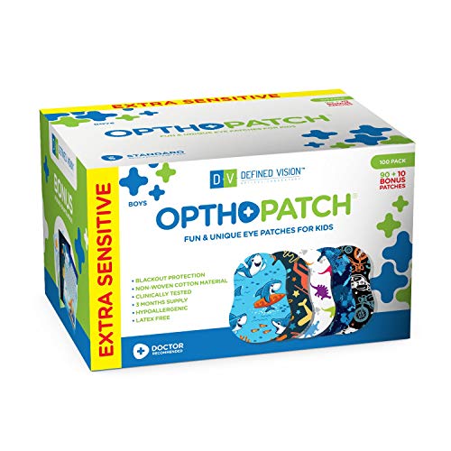 OPTHOPATCH Kids Eye Patches - Fun Boys Design - 90+10 Bonus Latex Free Hypoallergenic Cotton Extra Sensitive Adhesive Bandages for Amblyopia & Cross Eye-3 Reward Chart Posters by Defined Vision