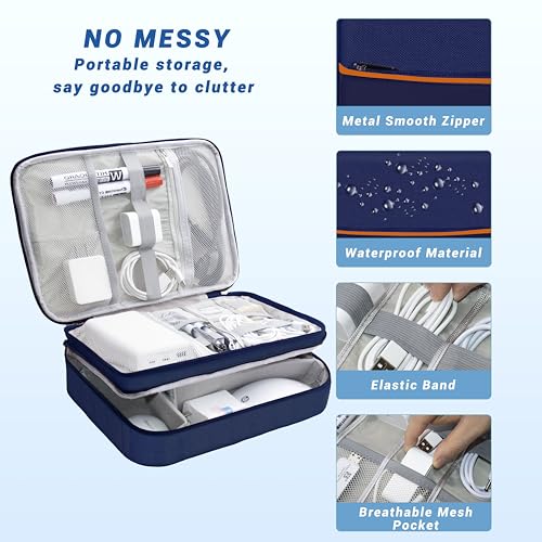 Image of Electronics Organizer,Travel Cord Organizer Pouch,Cable Organizer Bags | Waterproof Electronic Accessories Storage Case for Cables, Cords, Charger, Phone (Three Layer-NavyBlue)