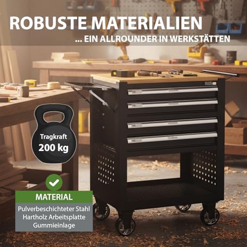 Bild 2 - TRUTZHOLM Werkstattwagen Profi Compact unbestückt Breite gesamt inkl. klappbaren Seitenablage 97 cm Massive Holzplatte mit 4 Schubladen, Stauraum Lochwand 4 Rollen Montagewagen Werkzeugwagen