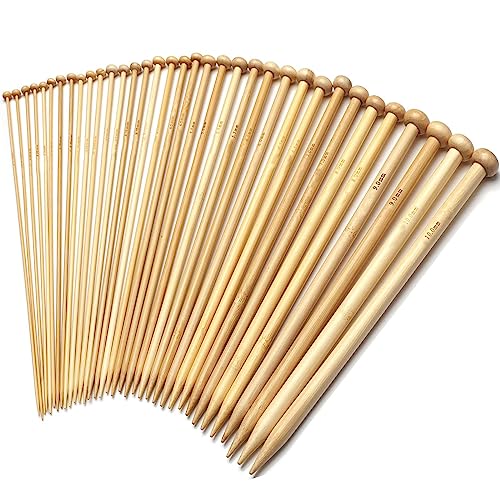 FACATH Set di ferri da maglia in bambù per principianti, adulti, 25 cm, punto singolo, 18 paia di ferri da maglia dritti in legno, misura US 2-10 (2,0-10,0 mm), ferri da maglia in legno per maglioni,