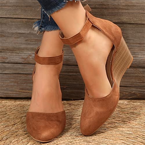 Women's Closed Toe Wedge Sandals, Comfortable Pointed Toe Buckle Ankle Strap Wedges Heels Pumps Cork Casual & Dressy Summer Shoes (A-Brown, 7)2