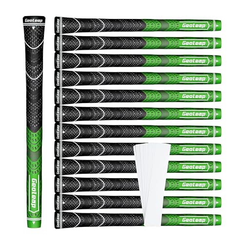 Geoleap Golf Grips Set of 13- Grips with Tapes and Grips with All Repair Kits for Choice,Hybrid Golf Club GripsAll Weather Contral, High Feedback & Traction Golf Club Grips. (Green(Grips with Tapes), Midsize)