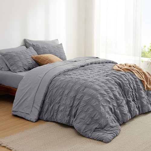 Bedsure Bed in a Bag Twin - 5 Pieces Plaid Seersucker Bedding Comforter Sets, Soft Lightweight Grey Boho Bed Set with Comforters Twin Size, Sheets, Pillowcase & Sham