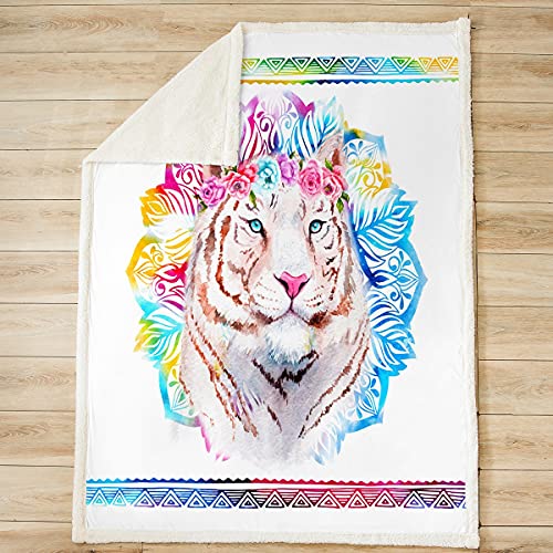 Hippie Mandala Sherpa Blanket Tiger Throw Blanket For Kids Boys Girls Children Bohemian Style Plush Blanket Ultra Soft Wildlife Style Fuzzy Blanket For Sofa Bed,King 87X94 Inch #TOP1