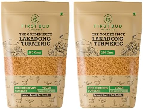 First Bud Organics Golden Spice Lakadong Turmeric Powder - 250gm x 2 | Organic Turmeric Powder & 7 to 12% High Curcumin Certified | Chemical Free Haldi Powder & Sourced From Jaintia Hills, Meghalaya