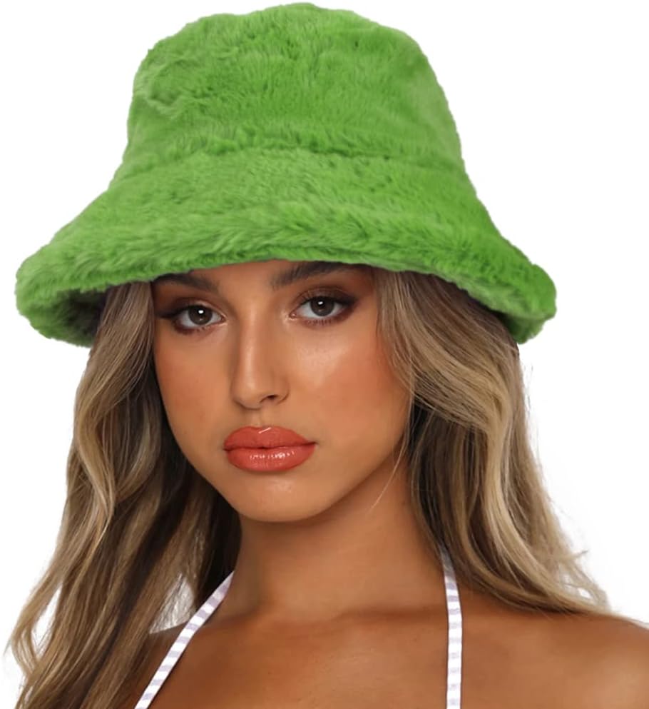 Winter Bucket Hat Fluffy Faux Fur Fisherman Cap for Women Men Solid Color Style