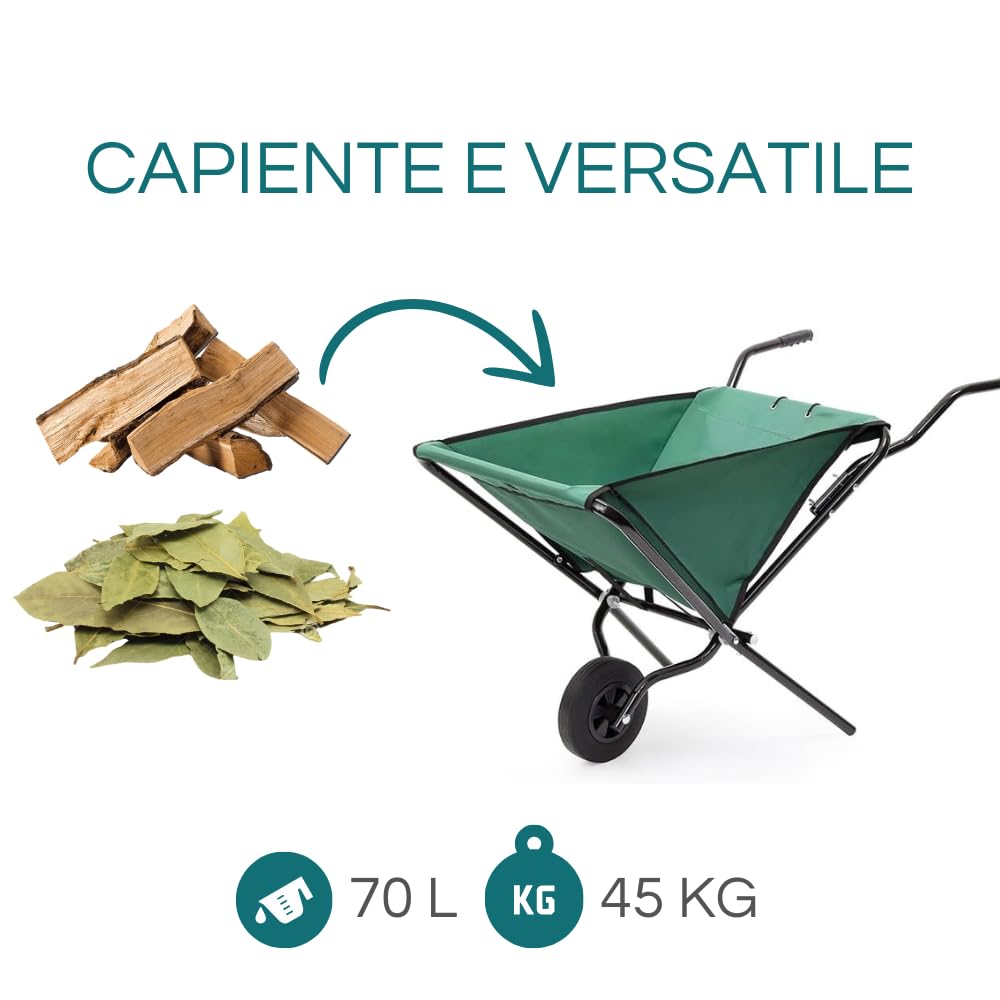 Virsus Carriola Pieghevole capacità 70 Litri 45 kg, Carrello da giardino struttura acciaio, sacca in tessuto, ruota diametro 20cm, ideale per il trasporto di legno, rifiuti da giardino, foglie - (F)