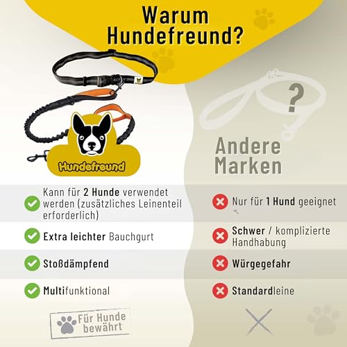 Hundefreund Joggingleine für große Hunde ab 15 kg | Elastische Freihandleine mit leichtem Bauchgurt | Abnehmbare Hundeleine mit 2 weichen Schlaufen | Orange Laufleine (120 cm, dehnbar bis 170 cm)