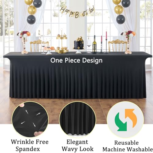 Image of 3 Pack Black Spandex Tablecloths for 8 Foot Rectangle Tables, Stretchy Fitted 8ft Table Cloths, Wrinkle Free Table Cloth Cover for Parties Weddings Birthday Banquet Baby Shower