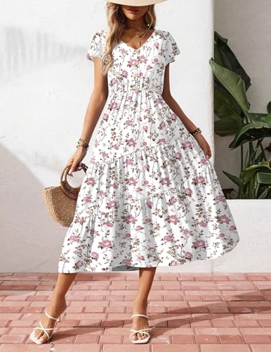 Image of Zeagoo Women's Summer Casual Dress Flutter Short Sleeve V Neck Button Down Tiered Flowy Long Dress with Pockets