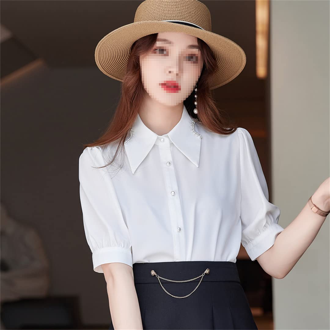 Camisa con Botones para Mujer, Manga Corta, Cuello en V, Blusa de Negocios, Blusas de Gasa Informales de Verano Yellow S