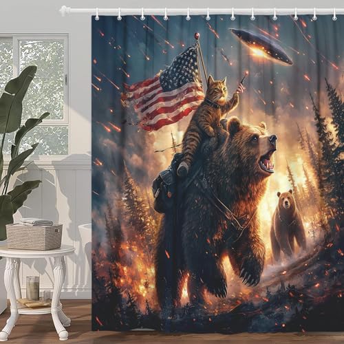 Image of Funny Bear Boys Shower Curtain, Cool Cat Riding Bear on Rustic Cabin Forest Woodland, Funky Anime UFO Spaceship Animal Shower Curtain Kids Men Boys Decor with Hooks, 70X75IN