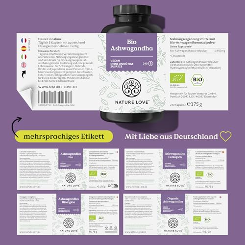 NATURE LOVE® Bio Ashwagandha - 240 Kapseln - Hochdosiert mit 1950mg je Tagesdosis - Hochwertiges indisches Ashwagandha - Laborgeprüft, vegan, in Deutschland produziert 6