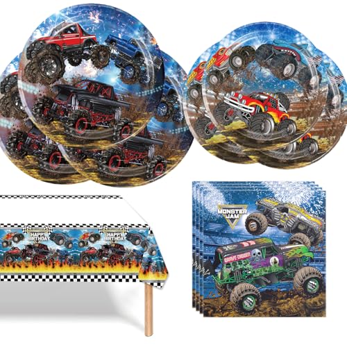 Monster Truck Vaisselle de fête motif voiture de course, Monster Party Truck - Accessoires de fête - Décoration d'anniversaire pour enfants - Décoration de...