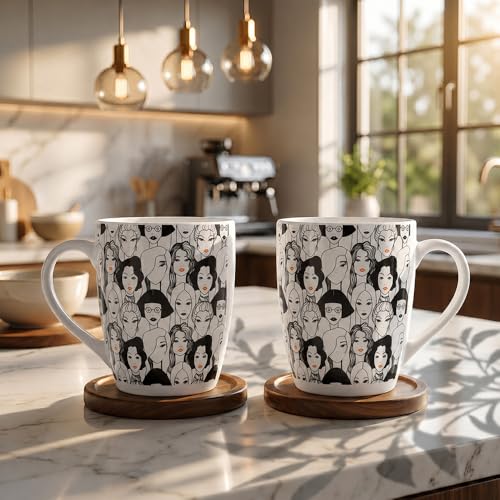 Image of U.P.C. UPC Abstract Face Print Bone China Mug Set of 2 | Artistic Ceramic Tea & Coffee Cups | Lightweight Bone China Cups for Tea, Coffee & Hot Chocolate