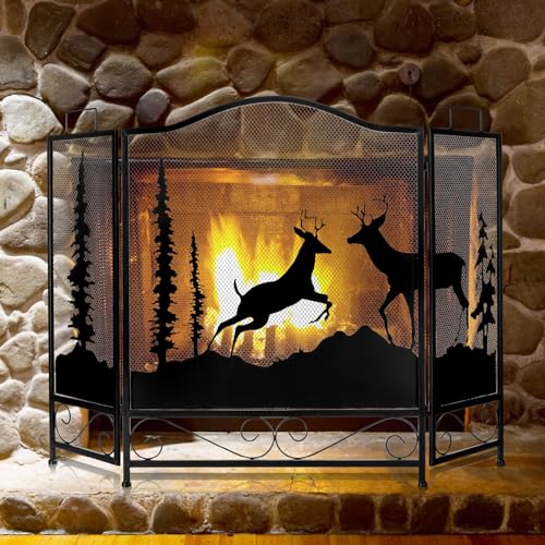 IRONWALLS 3 Panel Fireplace Screen with Deer Pattern, 47.6” x